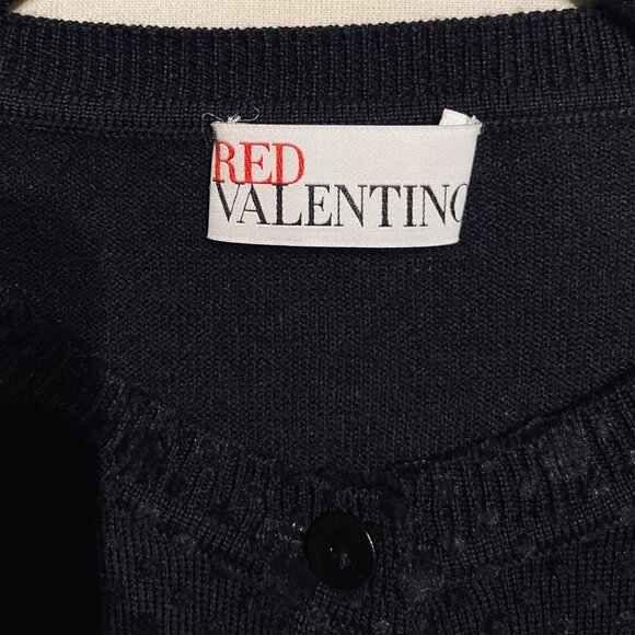 RED VALENTINO BLACK SWISS DOT AND LACE PEPLUM CARDIGAN - Picture 3 of 5